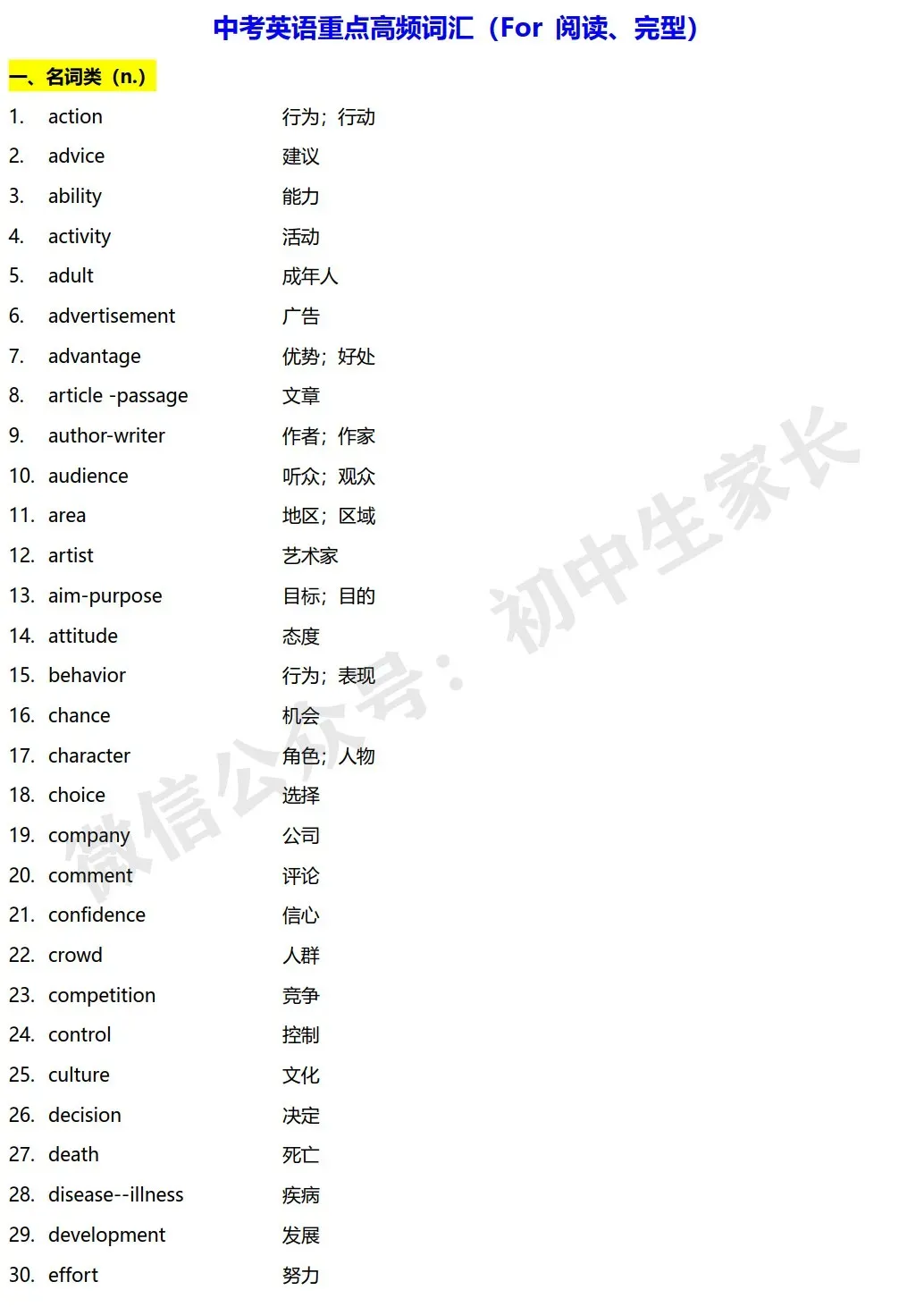 2026年中考英语阅读完形高频核心词汇 (按词性划分),可打印! 第2张