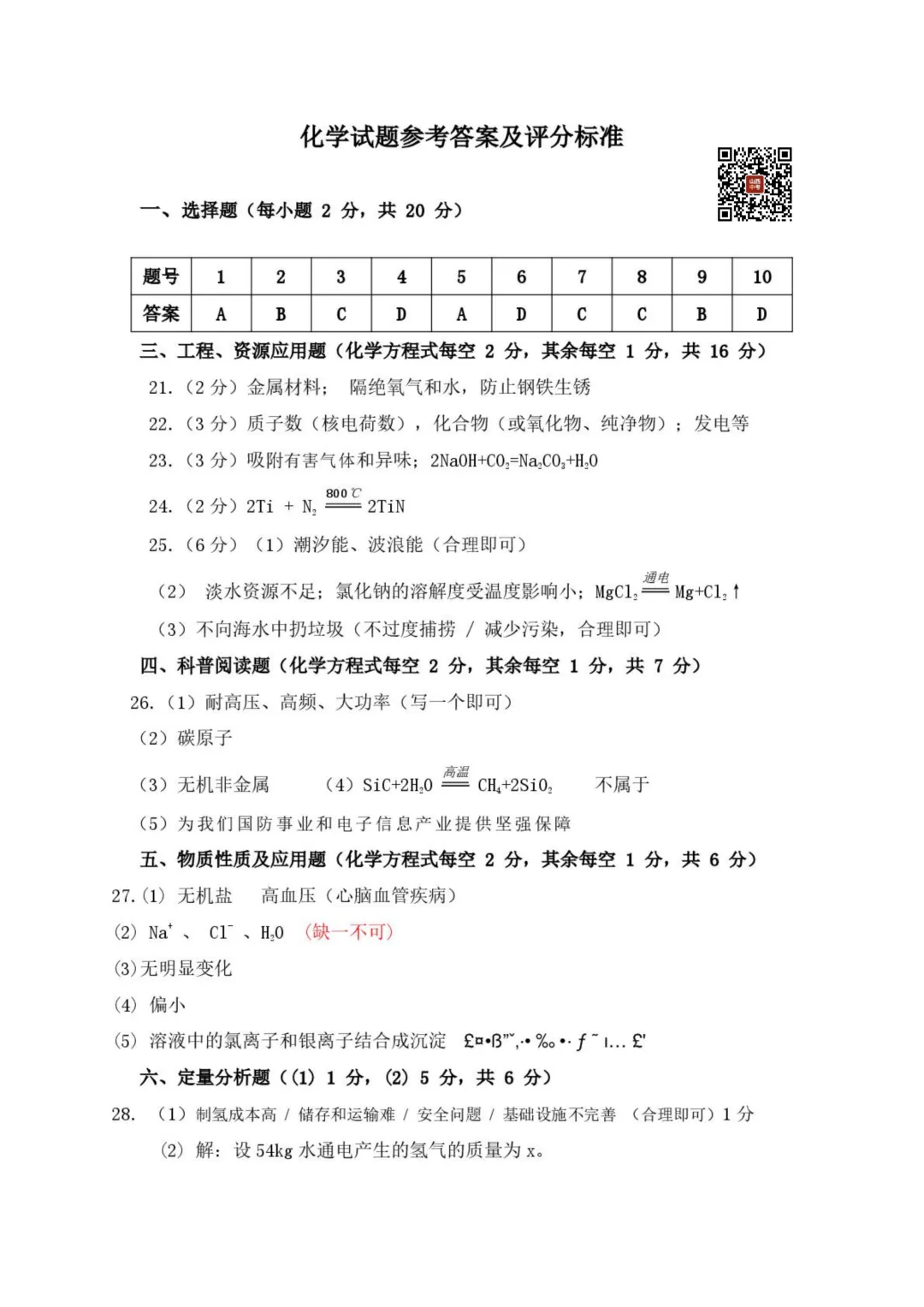 2026年初中学业水平考试化学模拟测试 第7张