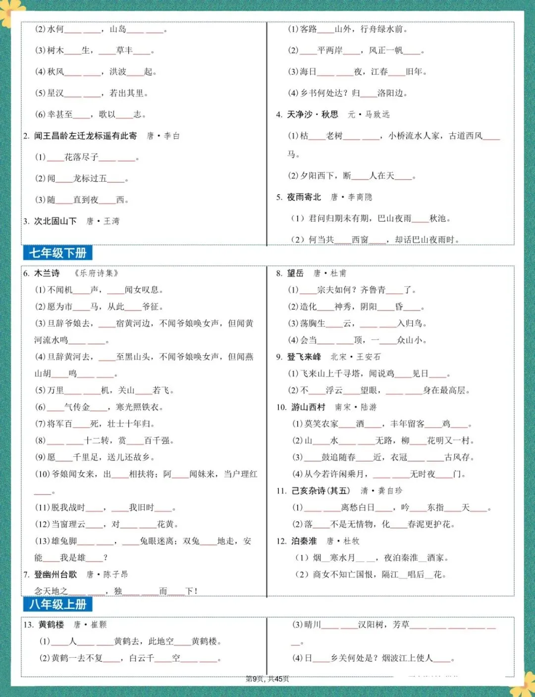 2026中考语文【古诗文言文】4轮默写集训含答案(电子版可打印) 第8张
