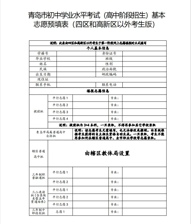 青岛中考 | 青岛各区/市高中阶段招生志愿预填表 第7张