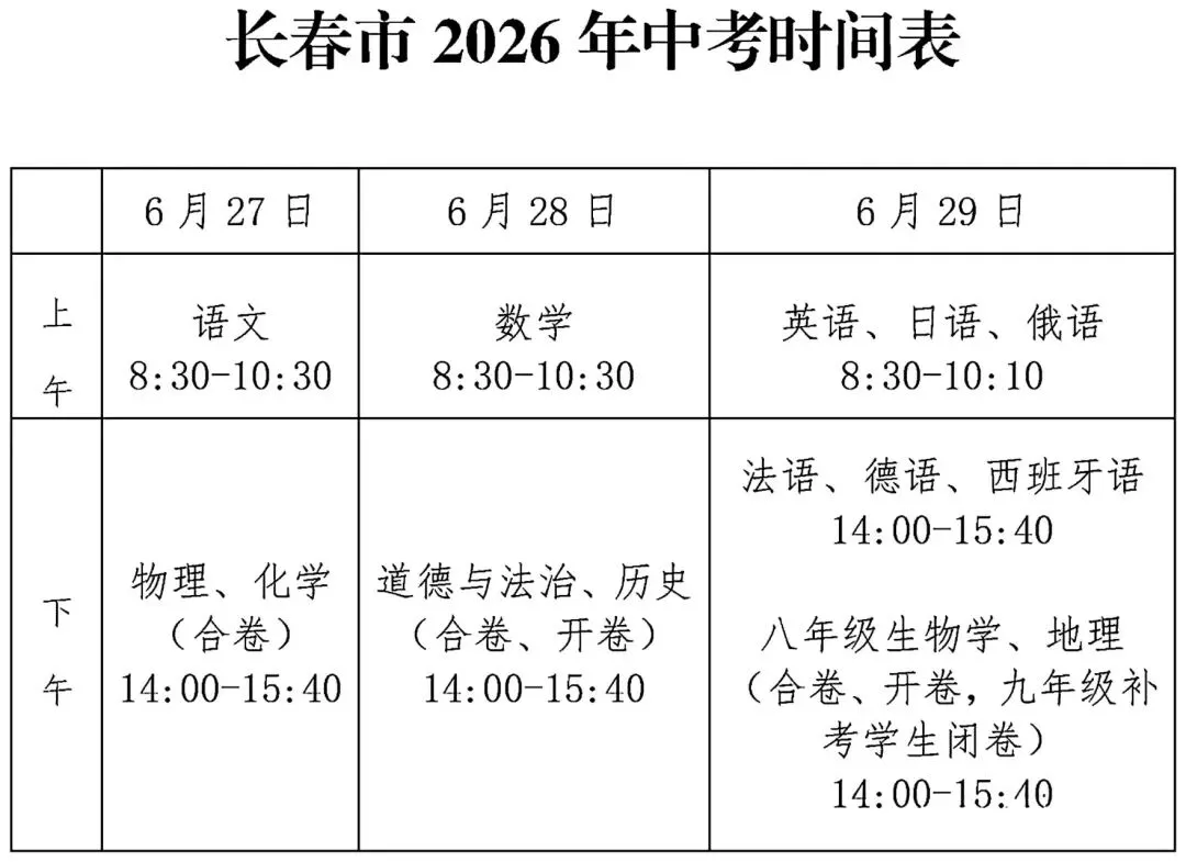 长春市2026年中考时间表 第1张