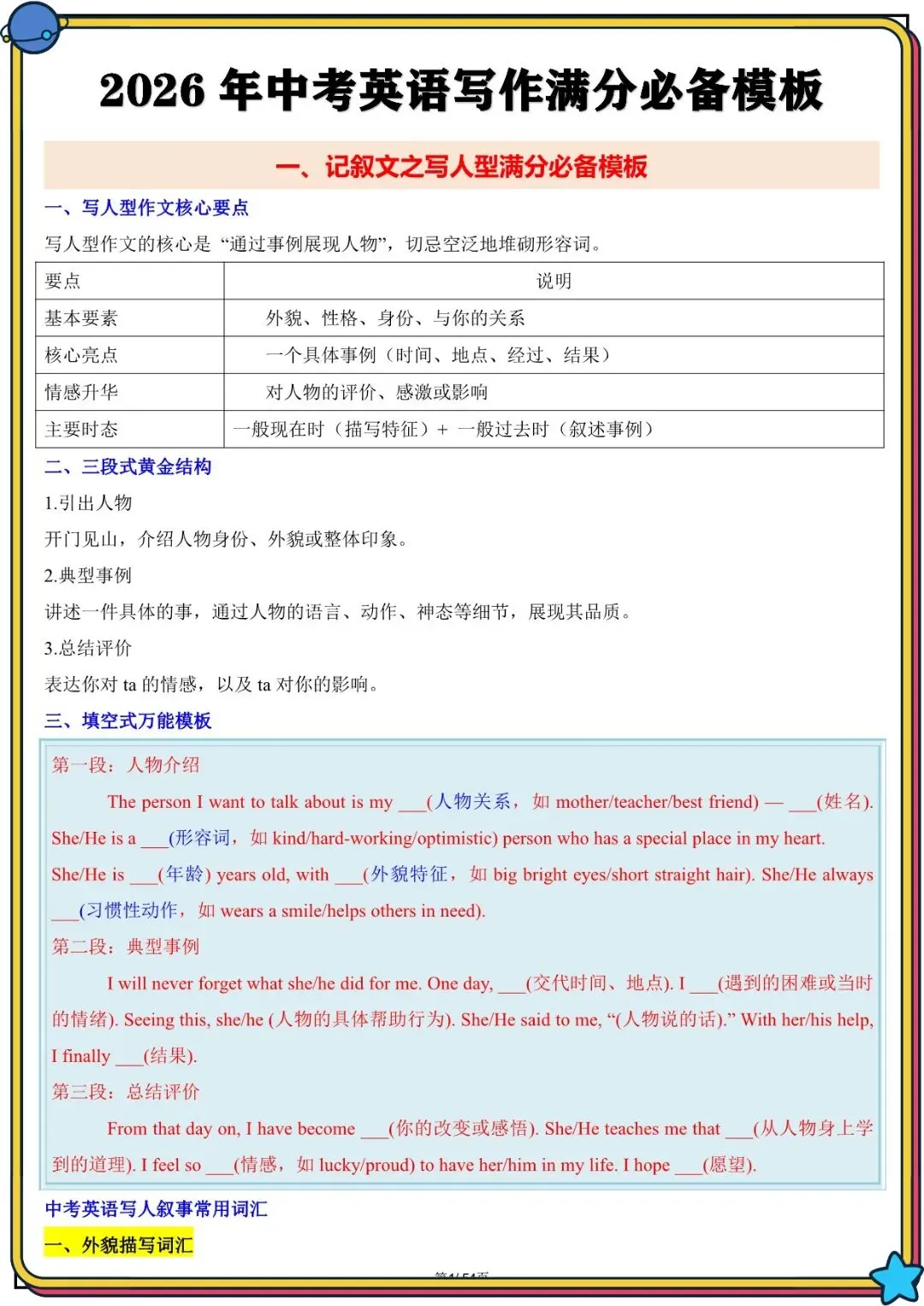 2026 春人教版中考英语写作满文必备高频单词+模板(背诵版)(电子版可打印) 第18张