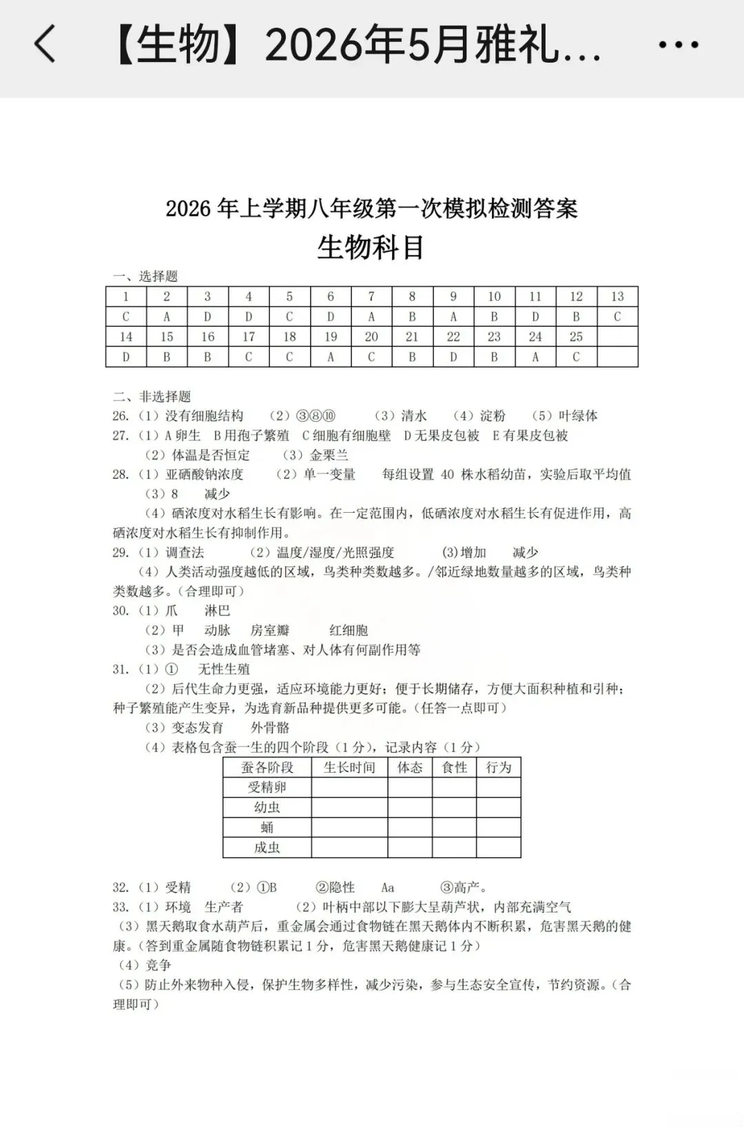 复习练手 ︳2026年初中生物学学业水平考试模拟卷(长沙市开卷) 第7张