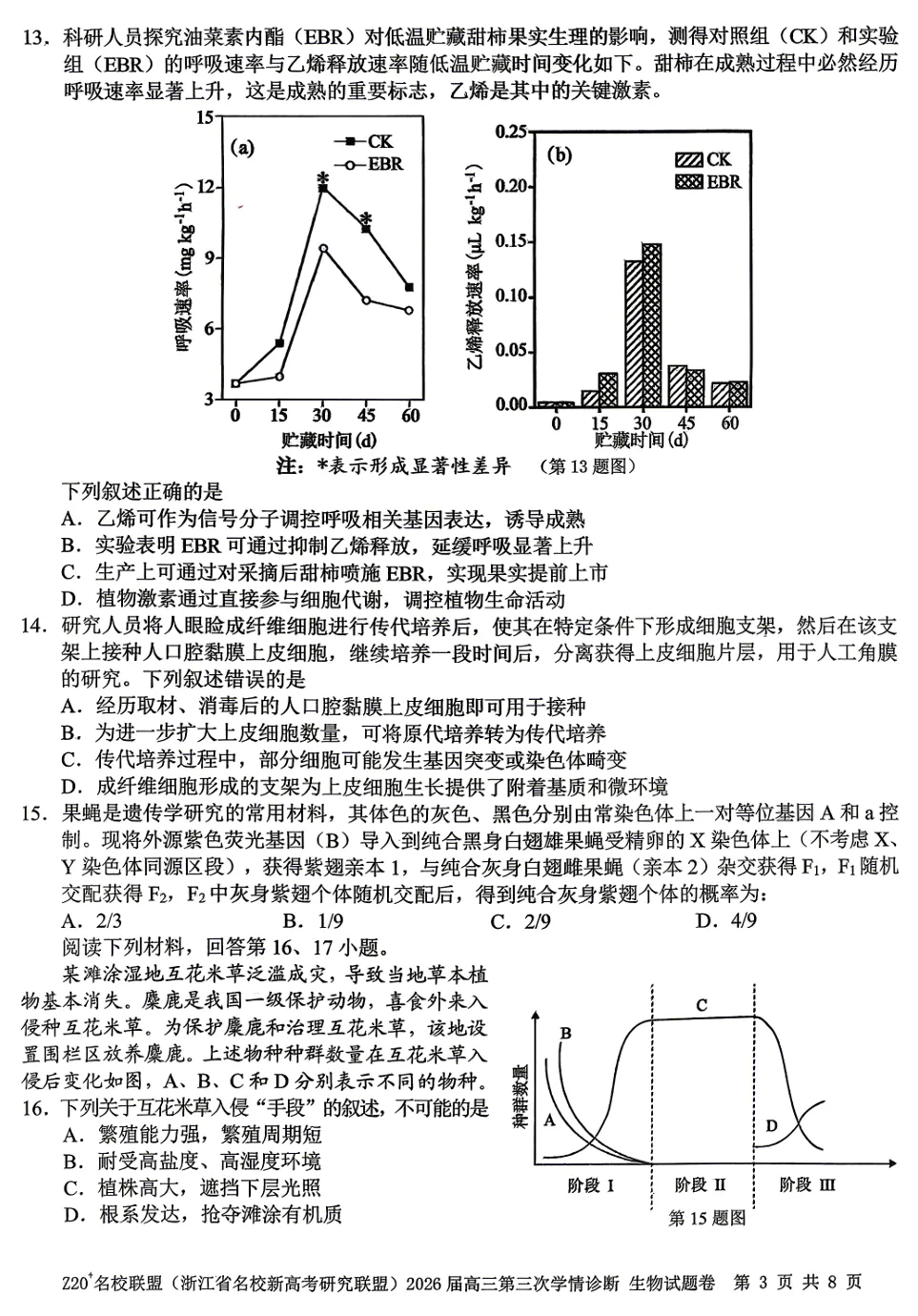 2026年5月浙江Z20联盟高三生物试卷、答案、解析、评分细则、 第8张