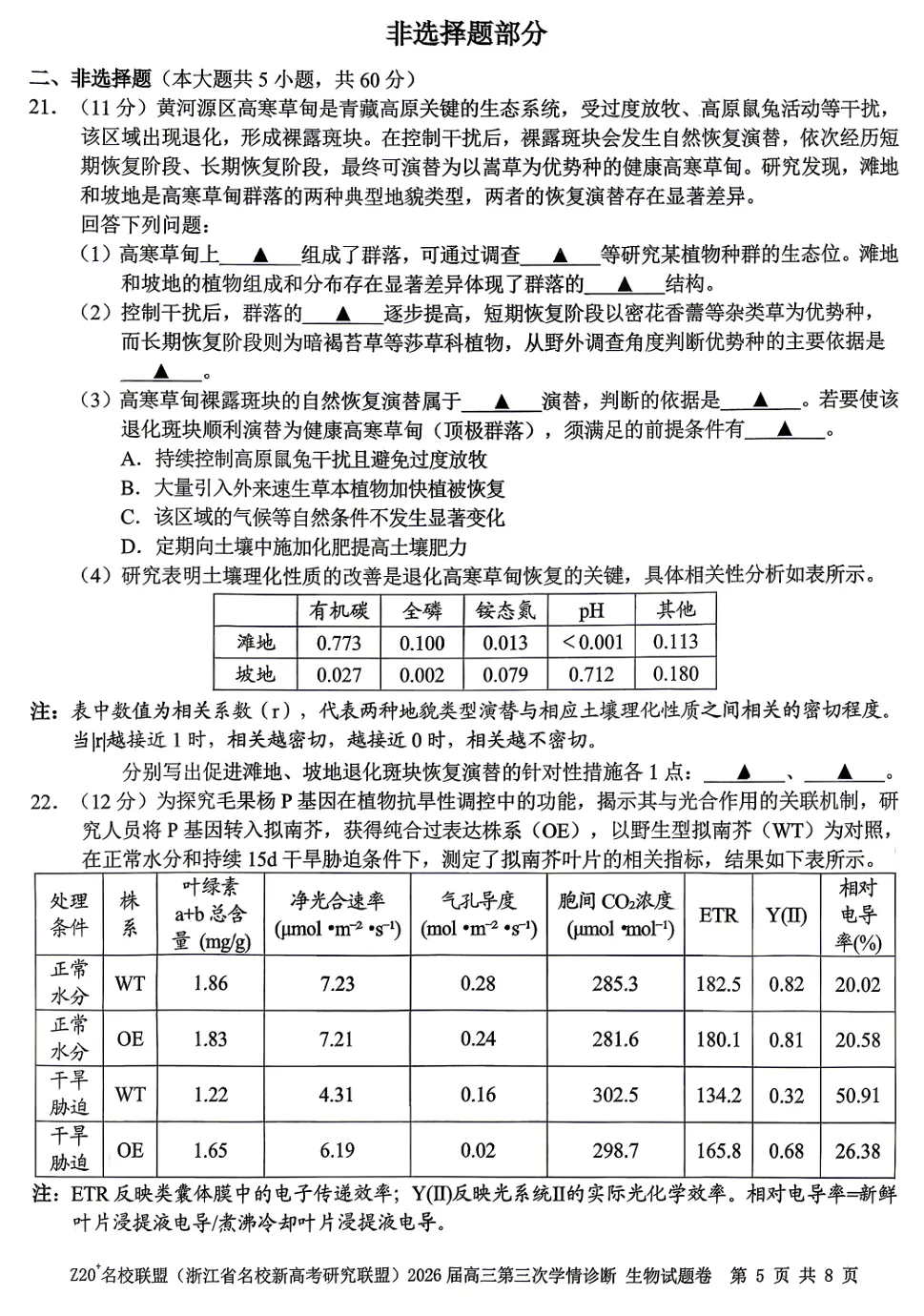 2026年5月浙江Z20联盟高三生物试卷、答案、解析、评分细则、 第10张