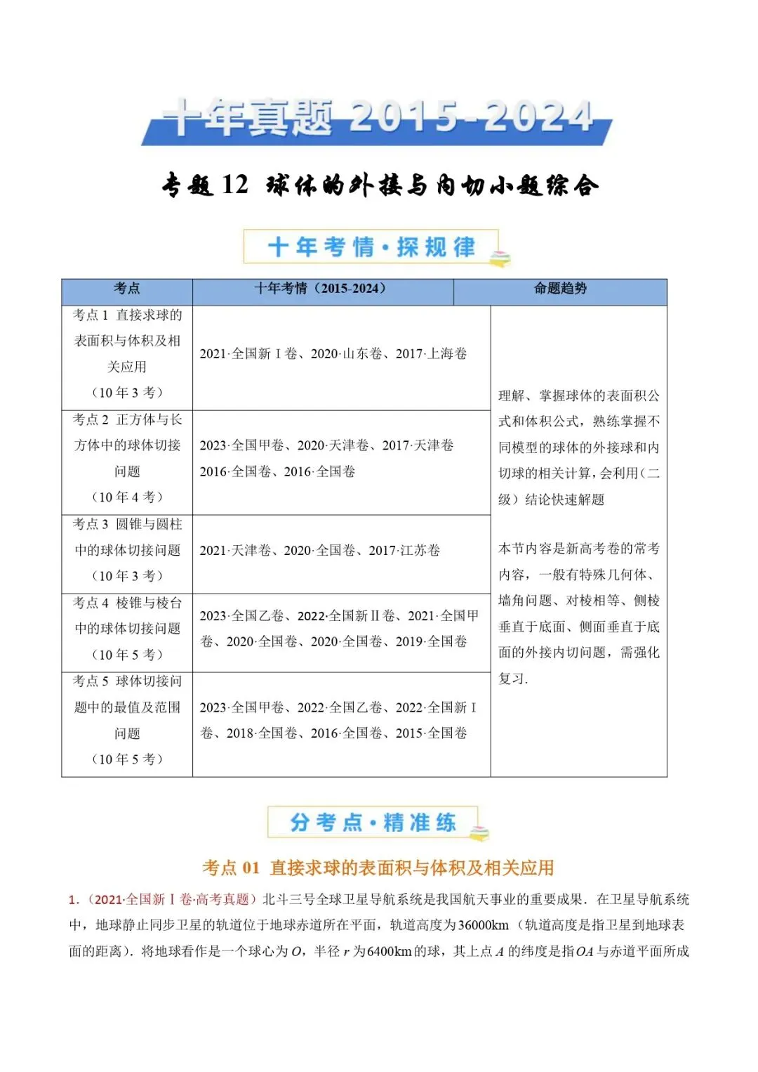 高考数学真题专题复习 | 球体的外接与内切小题综合 第1张