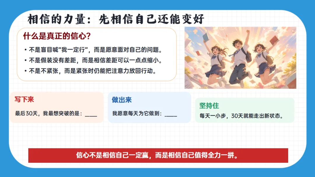 【初三】中考冲刺主题班会——决战30天,我们勇攀高峰!【35页PPT+逐字稿】 第12张 【初三】中考冲刺主题班会——决战30天,我们勇攀高峰!【35页PPT+逐字稿】 第12张