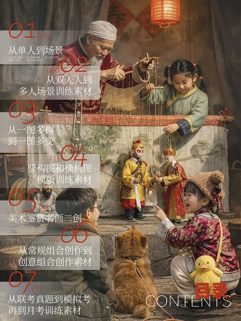 《金榜题名-速写考题创作》从考试题型出发,涵盖改革单人到多人场景、美术鉴赏二创、模板套题、一题多解、创意速写、真题与考月考 第24张