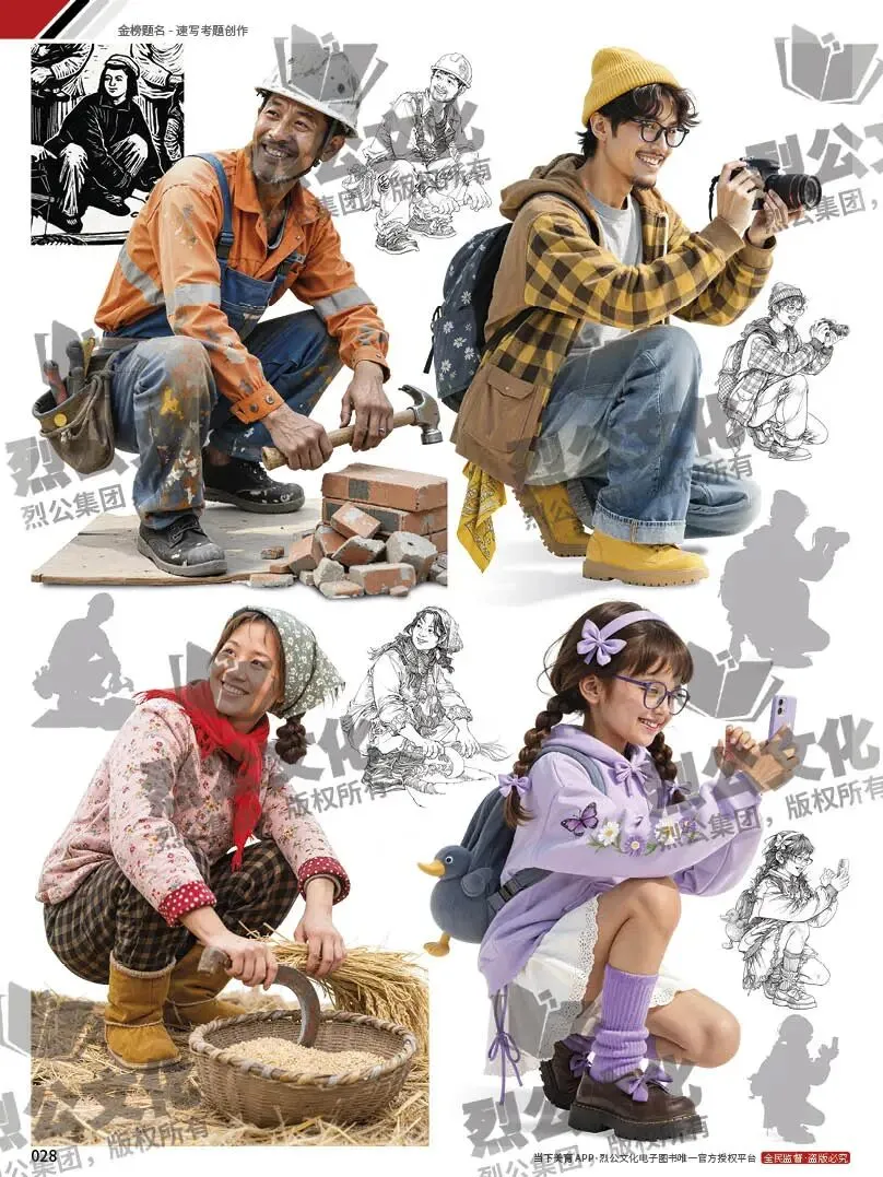 《金榜题名-速写考题创作》从考试题型出发,涵盖改革单人到多人场景、美术鉴赏二创、模板套题、一题多解、创意速写、真题与考月考 第50张