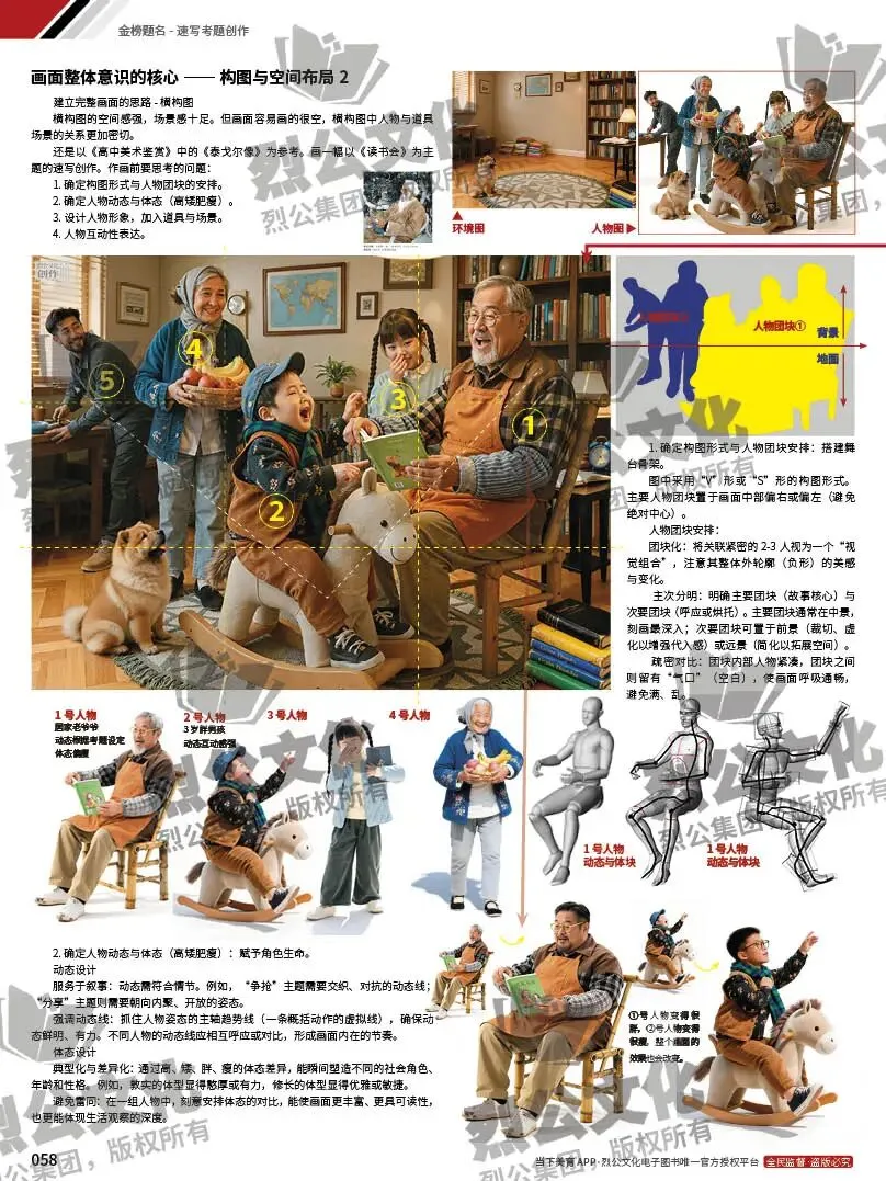 《金榜题名-速写考题创作》从考试题型出发,涵盖改革单人到多人场景、美术鉴赏二创、模板套题、一题多解、创意速写、真题与考月考 第80张