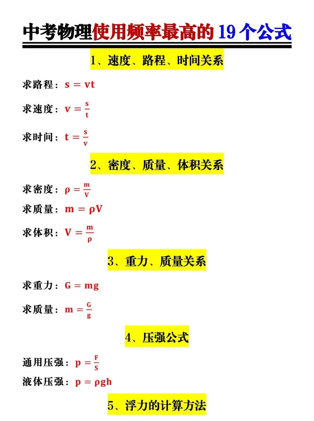 中考物理使用频率最高的19个公式!中考生现在吃透公式用法,考试物理基础分不丢! 第4张