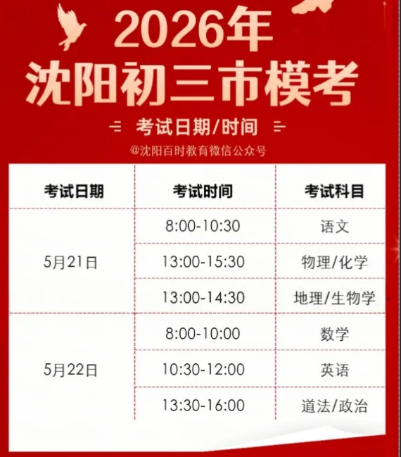 2026年沈阳中考:市模考试时间出炉 第1张