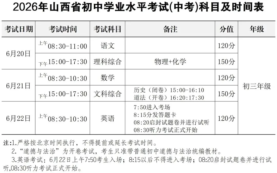 2026年中考时间公布 第1张