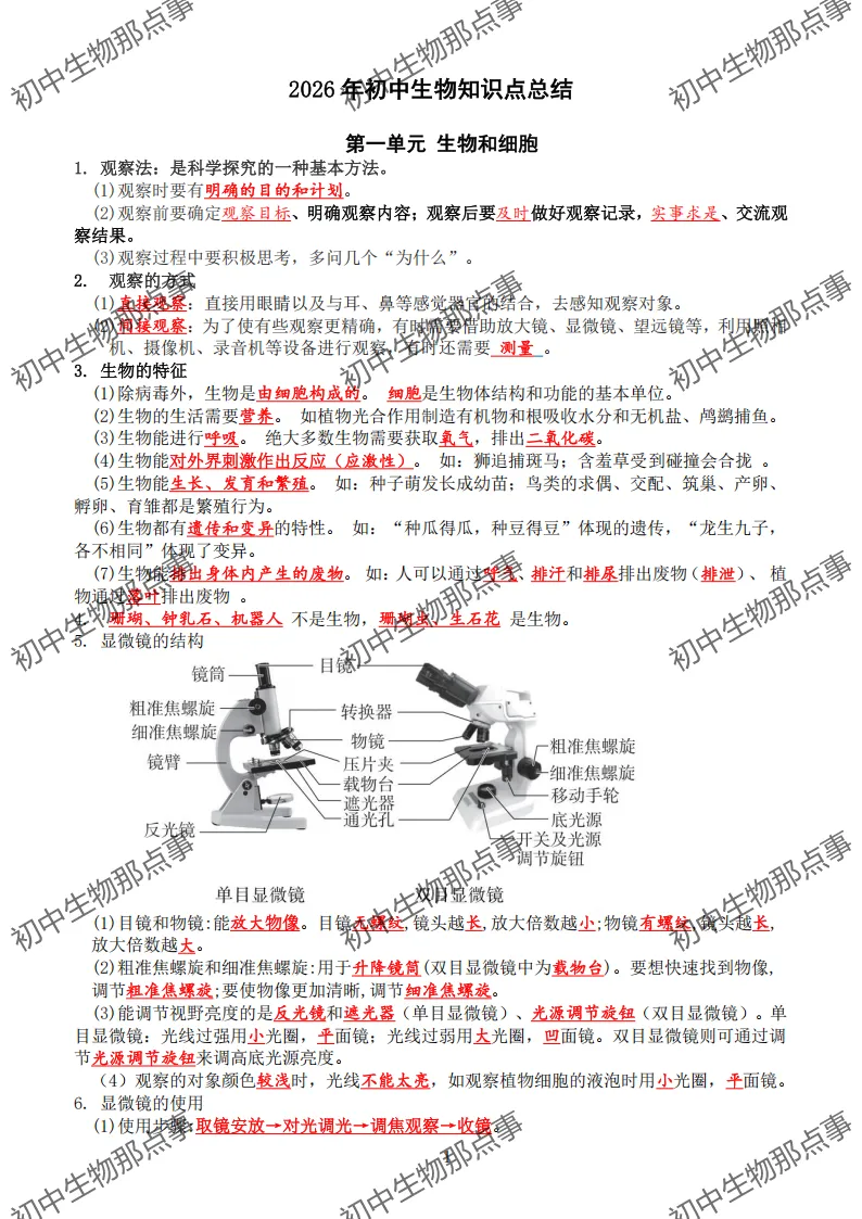 初中生物中考知识点 (人教版2026年最新版)-第4张图片-四季读书网 初中生物中考知识点 (人教版2026年最新版)-第4张图片-四季读书网