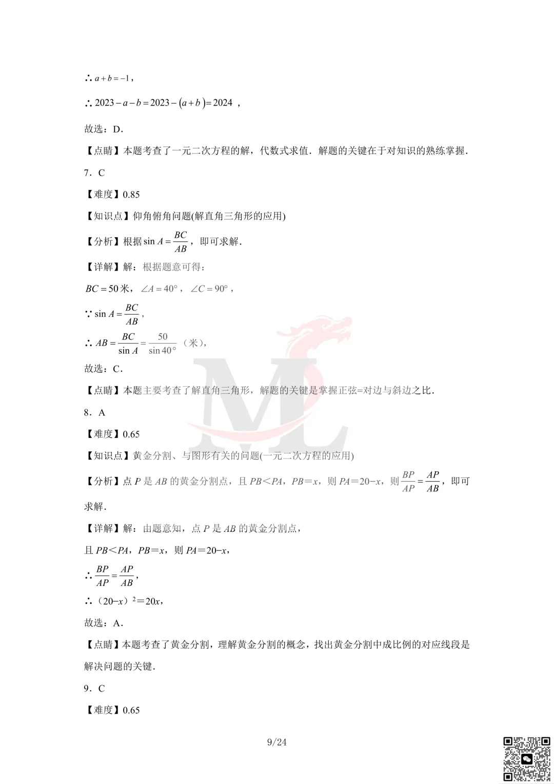 2023年珠海市凤凰中学中考三模数学试卷及答案 第11张