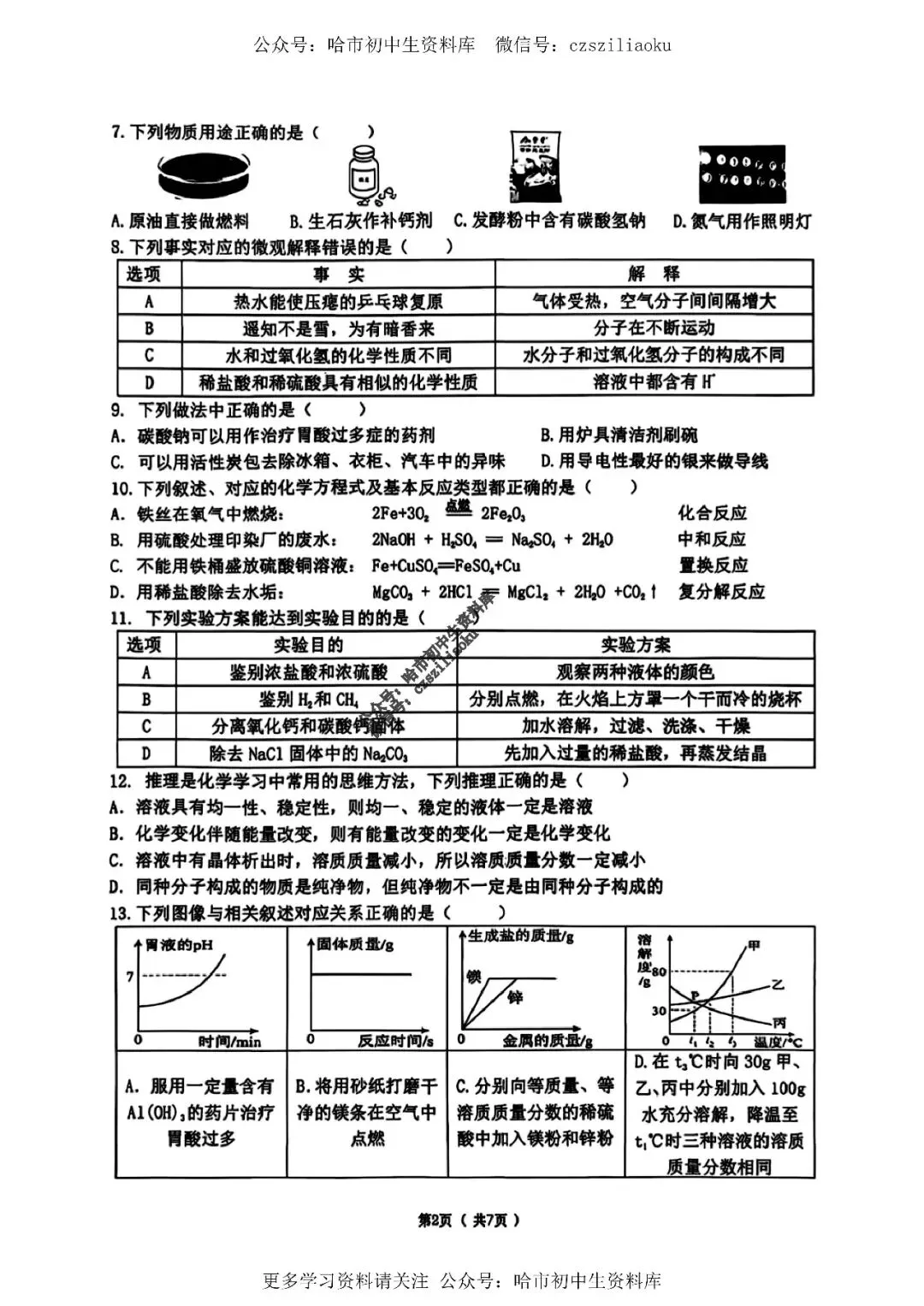 九年级化学·2026中考·道里区5月18日二模试卷+答案 第3张