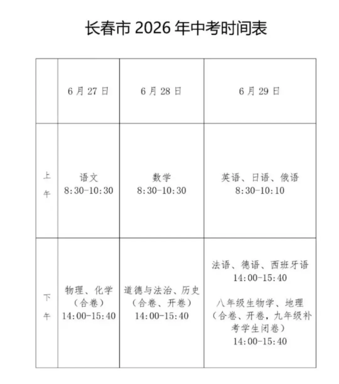 2026长春中考时间表 第1张