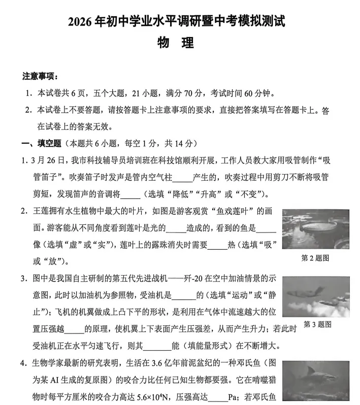 (中考一模)鹤壁市2026年初中学业水平调研暨中考模拟测试试题卷及答案(语数英物化道史) 第5张