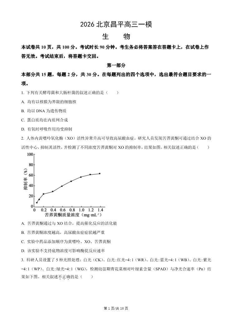 2026北京昌平高三一模生物试卷 第1张