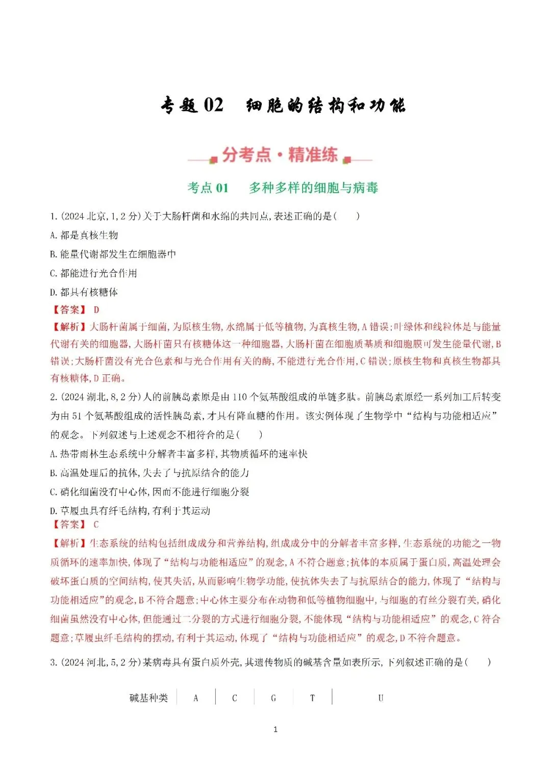 生物高考真题—专题02 细胞的结构和功能 第1张