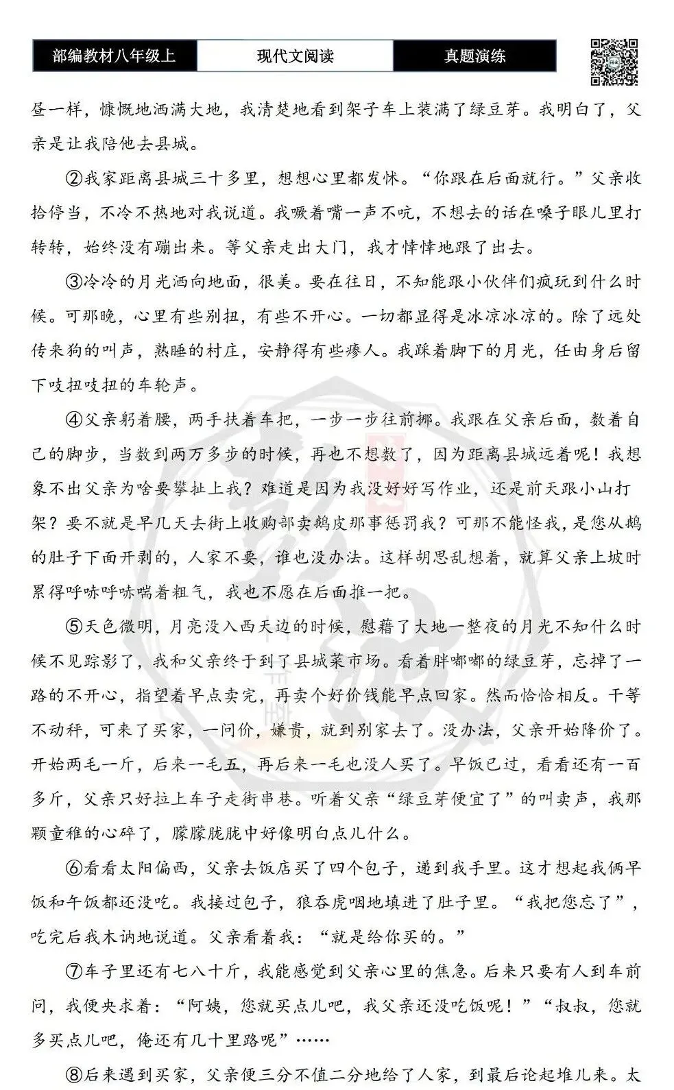 【现代文阅读-真题演练】八年级上-18-月光无价-思维导图+试题精析 第6张