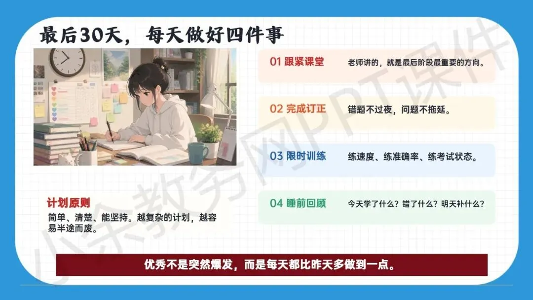 初中九年级(初三)中考冲刺动员主题班会《决战 30 天,我们勇攀高峰》PPT 课件+发言稿 第33张
