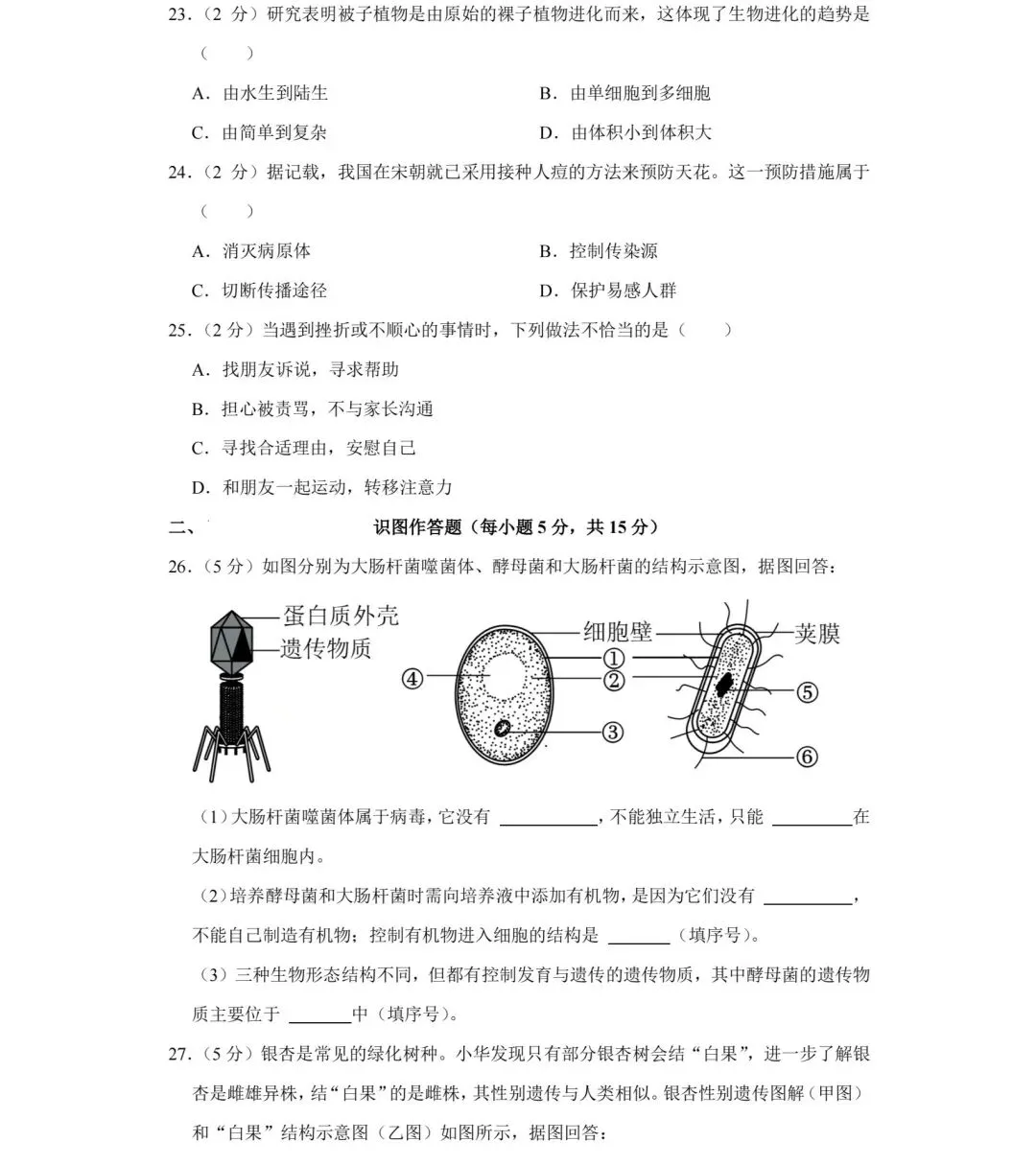 2023-2024年湖南省长沙中考生物试卷 第4张
