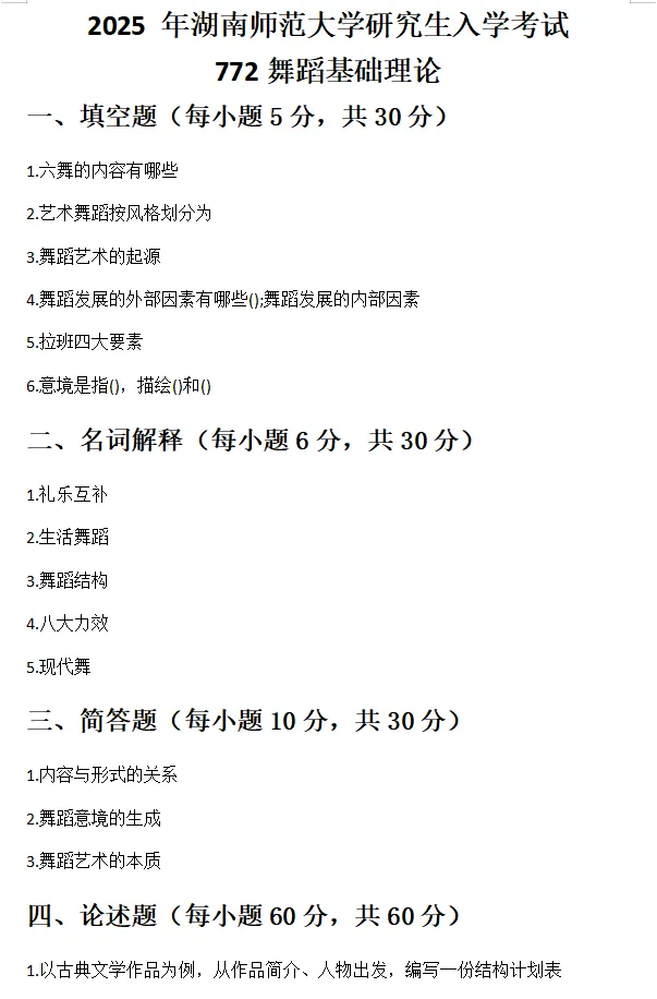 【湖南·湖南师范大学】舞蹈考研历年真题分享,看一看难度 第28张