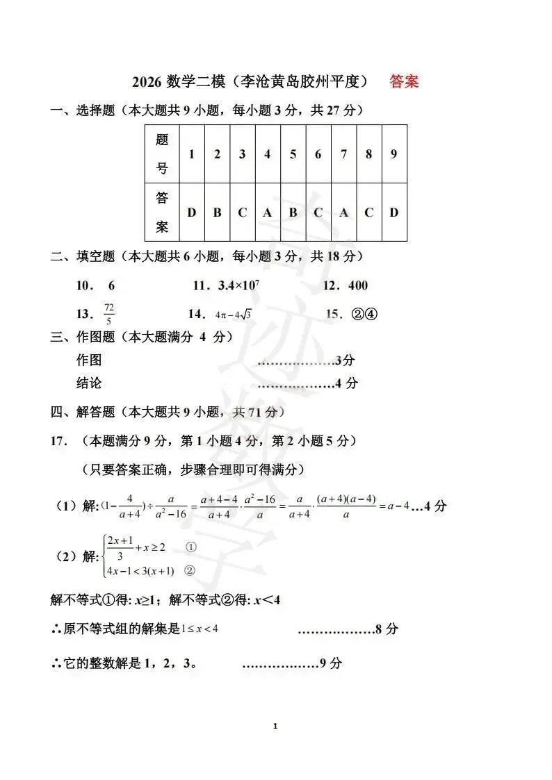 2026李沧黄岛胶州平度数学二模试卷及参考答案 第10张