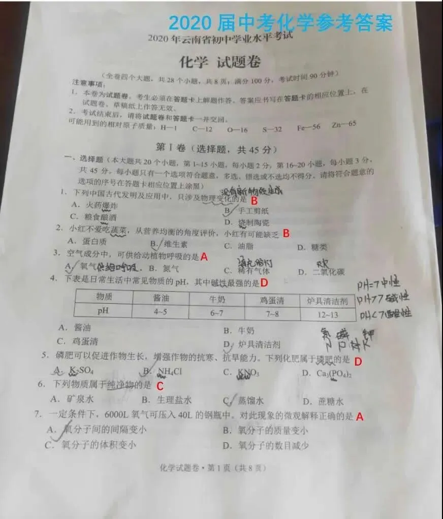 2020年云南(中考)初中学业水平考试试卷及参考答案出炉 第37张