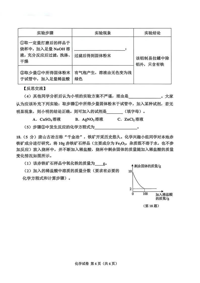 中考模拟|2026年河北省唐山市古冶区中考二模化学试卷(后附打印版下载链接) 第7张