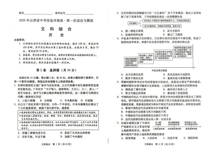 2026山西中考信息冲刺卷第一次适应与模拟历史 第1张
