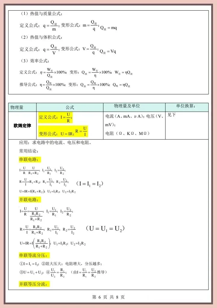【中考物理】2026年中考物理《必备公式大全》完整电子版可打印! 第8张