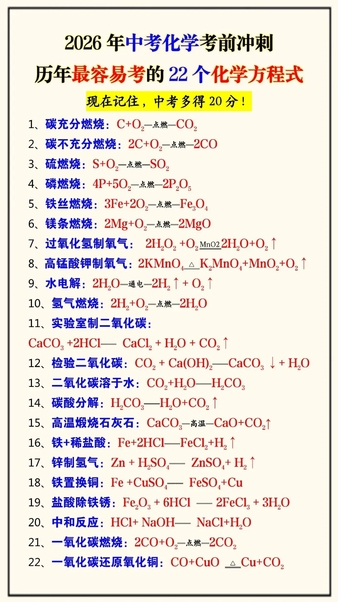 中考化学考前冲刺:最容易考的22个化学方程式(可打印)现在记住,多得20分! 第4张 中考化学考前冲刺:最容易考的22个化学方程式(可打印)现在记住,多得20分! 第4张