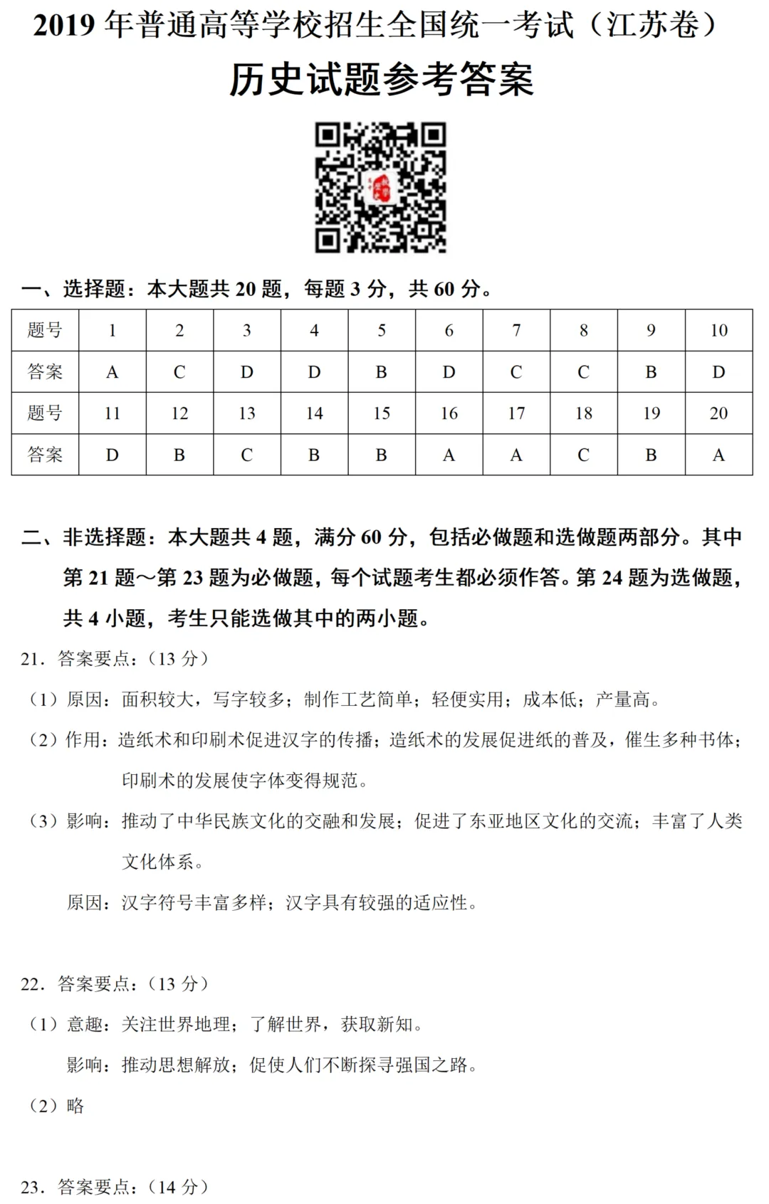 高考真题|2019年高考全国江苏卷历史试题和答案 第14张 高考真题|2019年高考全国江苏卷历史试题和答案 第14张