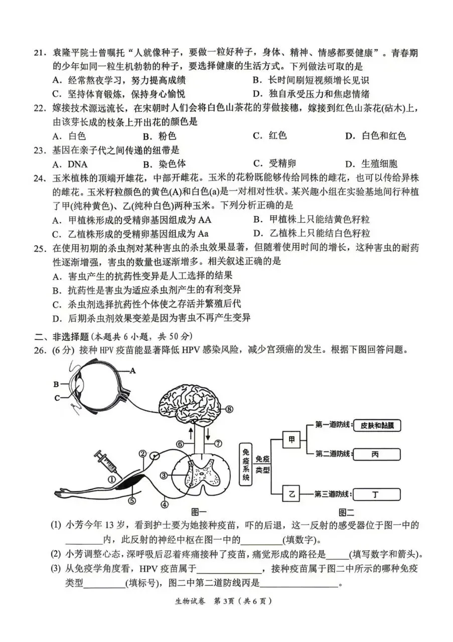 复习练手 ︳2026年湖南省初中学业水平考试模拟试卷生物学 (七) 第3张