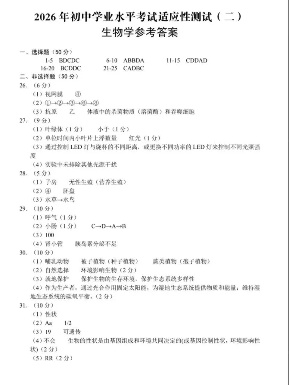 复习练手 ︳2026年湖南省初中学业水平考试模拟试卷生物学 (七) 第7张
