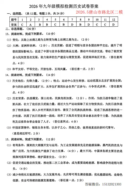 2026.5唐山市路北区中考二模历史试卷含答案 第7张