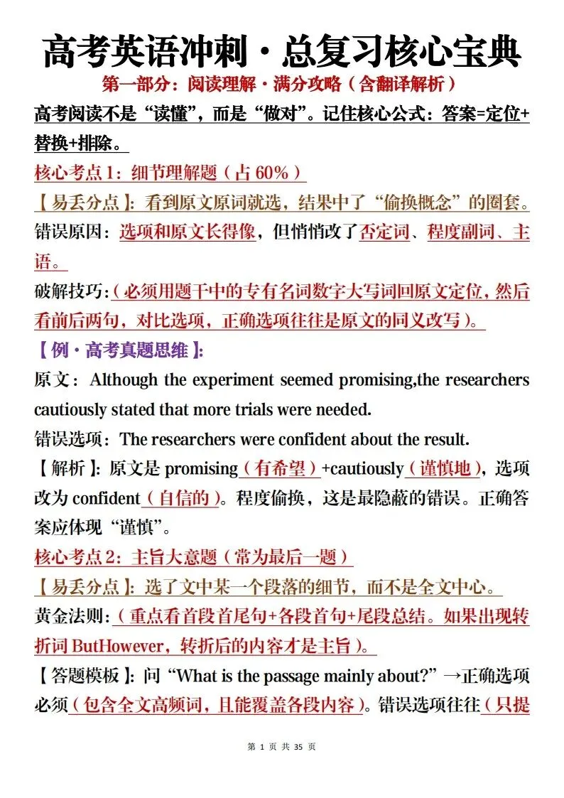 高中英语考前冲刺总复习,含真题解析和预测(可打印) 第1张