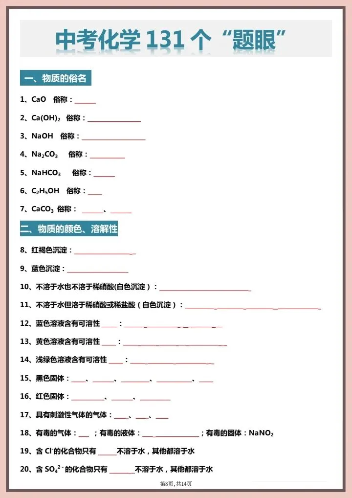 2026年中考化学《常考易错知识点总结》背诵版+默写版,完整电子版可打印! 第10张 2026年中考化学《常考易错知识点总结》背诵版+默写版,完整电子版可打印! 第10张