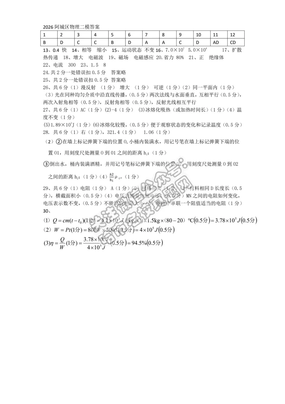 2026阿城区九年级下物理二模考试 试卷+答案 第8张