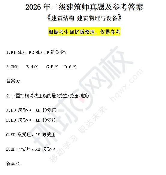 对答案!2026年二级建筑师真题及答案《建筑结构、建筑物理与设备》发布 第1张 对答案!2026年二级建筑师真题及答案《建筑结构、建筑物理与设备》发布 第1张