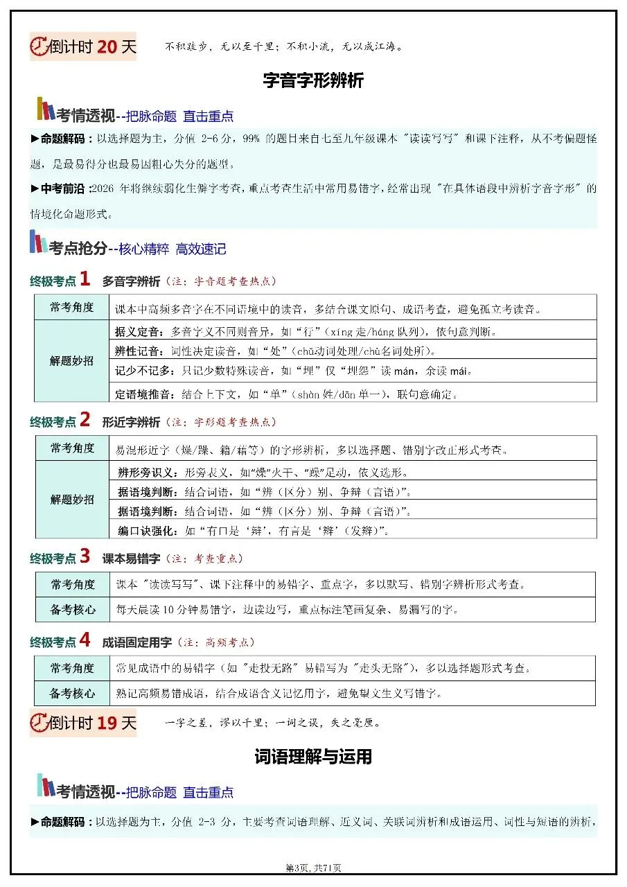 2026年中考语文考前20天冲刺讲义 第3张