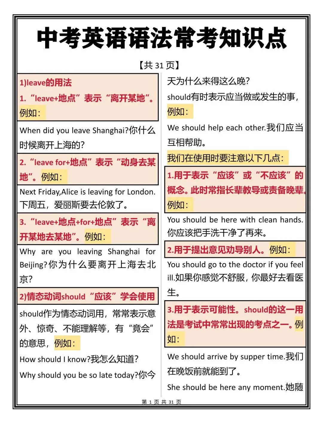 中考英语语法常考的知识点总结打印版,每天早晚读一遍,努力背下来 第1张