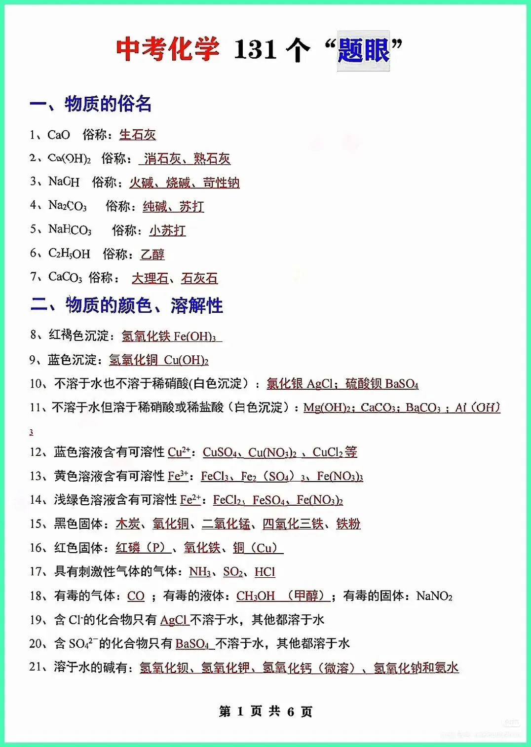 中考化学133个题眼,2026中考,反正就这6页纸 第1张
