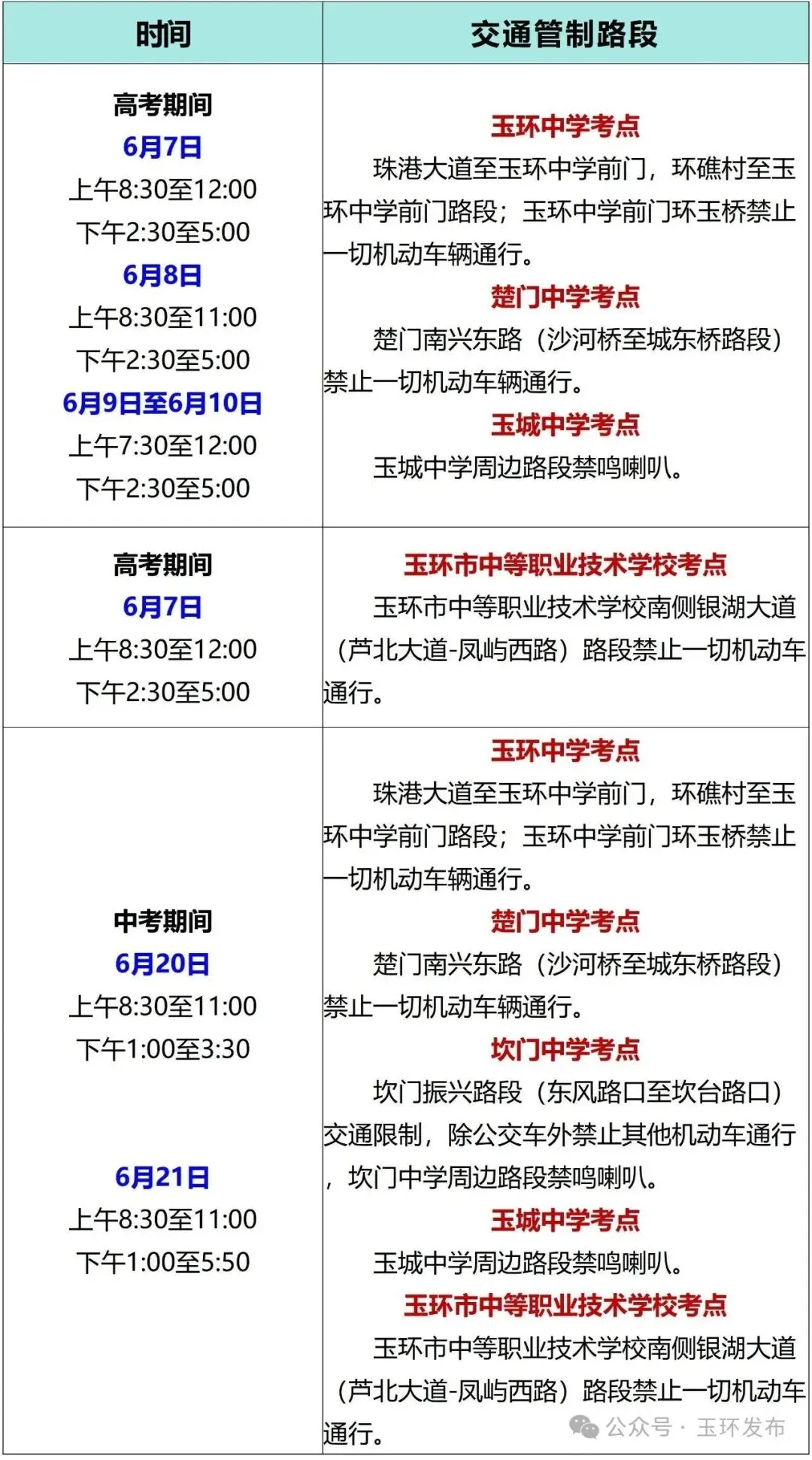 今年高考、中考,玉环部分路段有交通管制 第3张