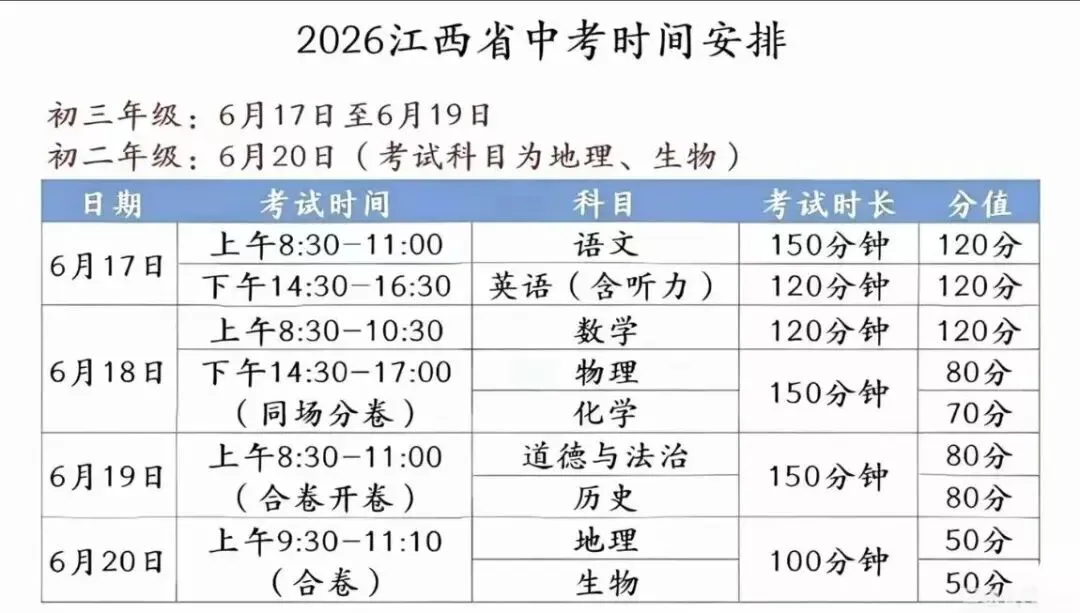 2026中考时间安排已定 第1张