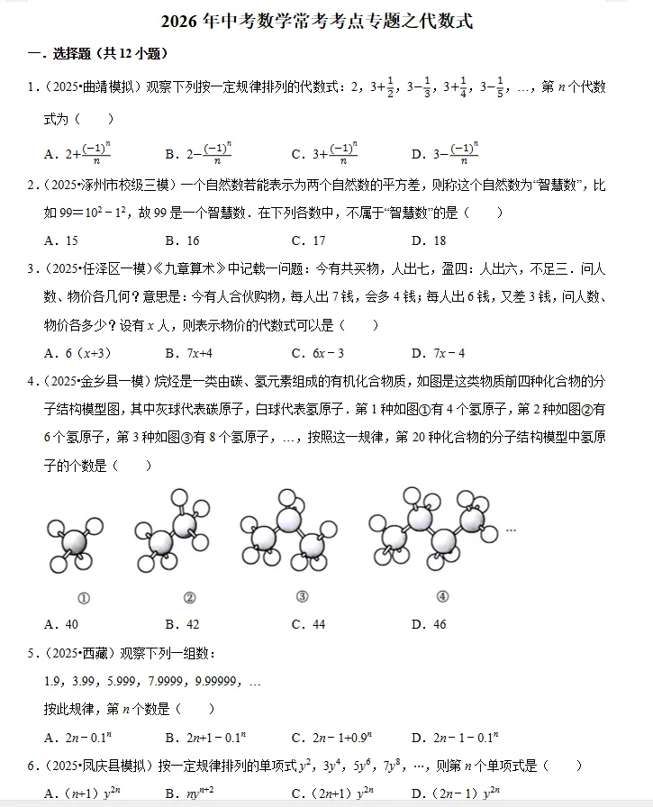 2026《中考数学•常考考点专题》代数式练习 第6张 2026《中考数学•常考考点专题》代数式练习 第6张
