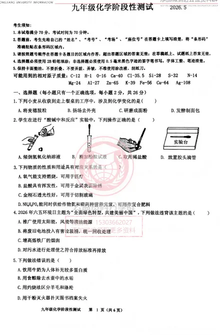 【九下】2026年阿城区二模 化学试卷及答案 第3张