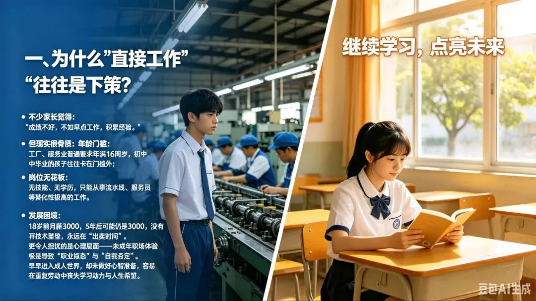 中考后无学可上?别急着让孩子进厂打工!这3条路比“混社会”靠谱多了 第2张 中考后无学可上?别急着让孩子进厂打工!这3条路比“混社会”靠谱多了 第2张